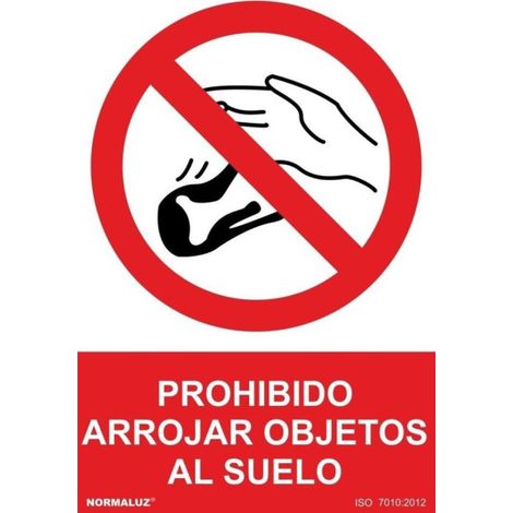 Señal de Prohibido arrojar objetos al suelo (texto y pictograma) SEKURECO 100 x 150 mm ADHESIVOS DE VINILO (1/2)