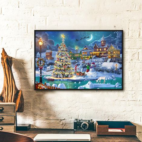 Ambiance de Noël, paysage enneigé, décoration de sapin de Noël, peinture sur toile, décoration nordique pour le salon, cadre photo à accrocher, cadre