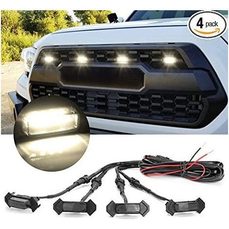 Lumières de calandre LED (4 pièces, coque noire avec lumière blanche chaude) avec faisceau et fusible pour calandre avant Toyota Tacoma TRD PRO 2016 2017 2018 (1/5)