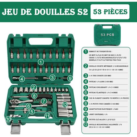 Juego de 53 piezas de llaves de vaso, extensión, llave de carraca multifuncional, juego de herramientas manuales para reparación de coches y motocicletas (1/4)