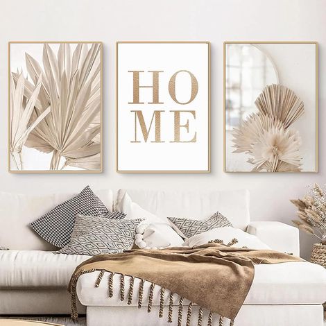 Ensemble de 3 toiles, 50 x 70 cm, images bohèmes modernes, décoration murale, pour salon, chambre à coucher, couleur beige, sans cadre (beige A) (1/5)