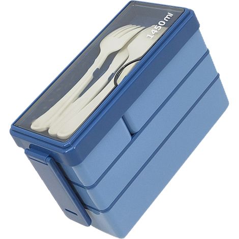 Boîte à lunch Bento pour adulte, 3 compartiments empilables, 4 compartiments, idéale pour le travail, l'école et les pique-niques (bleue). (1/5)