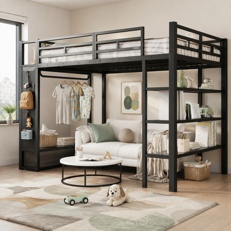 Metall-Hochbett 140x200 cm Schwarz mit offenem Kleiderschrank und LED OKWISH (1/5)