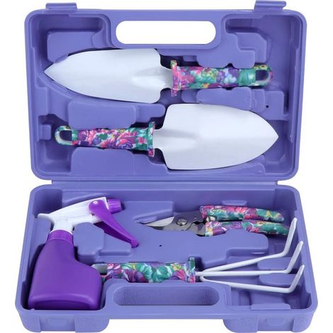 5 Pièces Outils de Jardinage avec Boîte de Rangement avec Transplantoirs Ciseaux Herse Anti-Rouille Pulvérisateur(Violet) (1/5)