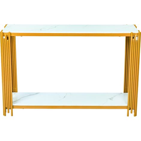 Console d'entrée 2 niveaux en MDF blanc effet marbre avec structure en métal doré, table console pour couloir, salon ou chambre, rangement déco moderne - CHICFURN (1/5)