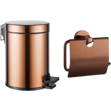 FugaFlow Eccelente Ensemble d'accessoires pour toilettes - porte-rouleau de papier toilette - avec couvercle - poubelle à pédale - 5 litres - cuivre (1/3)