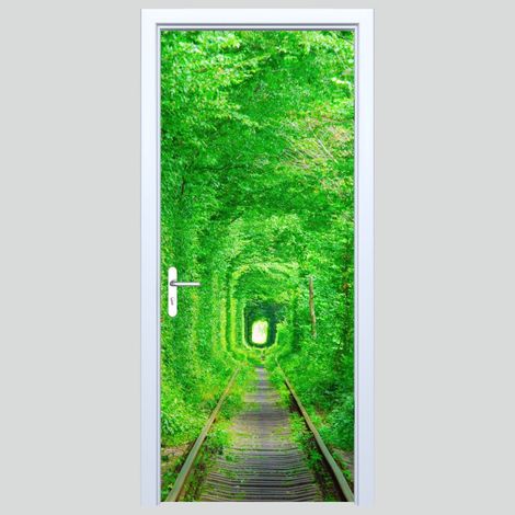 Adhesivo de tela para puerta, antiguas vías en el bosque 351PD