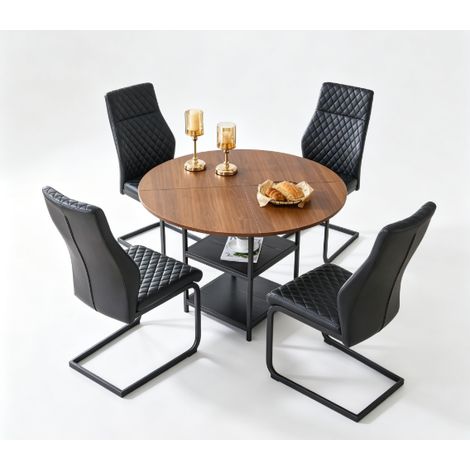 Set da pranzo rotondo da 107 cm con 4 sedie nere e 2 ripiani, MDF e metallo (1/5)