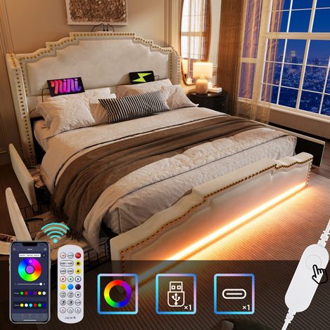 Lit double capitonné velours beige 180x200cm, 4 tiroirs de rangement, éclairage LED et prise USB-C, sommier à lattes (sans matelas) (1/5)