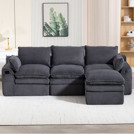 Canapé modulare 3 posti in velluto a coste grigio scuro 263x167x85 cm con pouf e tasche laterali (1/5)