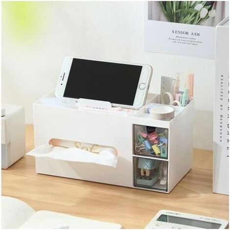 Ahlsen Boîte Rangement Maquillage Avec 2 Tiroirs, Plastique Organisateur Maquillage Boîte à Mouchoirs Salle de Bain Make Up Organiser pour Cosmetique (Blanc)