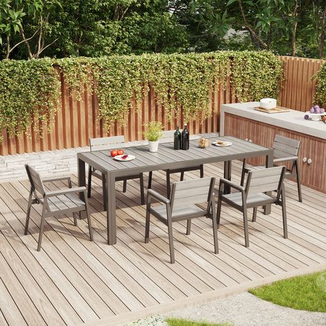 Devoko – Salon de jardin 7 pièces – Ensemble résistant aux intempéries – Table 189 cm en aluminium – 6 chaises avec finition grain de bois – Gris
