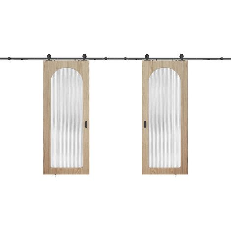 Porte coulissante double avec système en applique en bois et MDF - arche naturel clair et verre trempé cannelé - 2 x H205 x L73 cm - ODEZA (1/4)