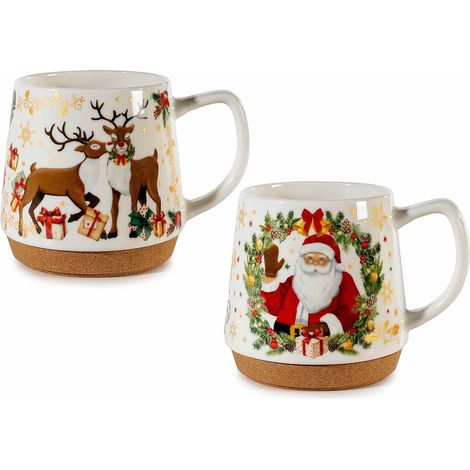 Tazze natalizie in porcellana con base in sughero, decori a tema e dettagli dorati, set da 2 pezzi, Ø 11 cm x 11 H