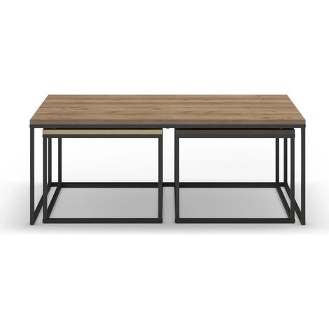 TRIO OPAL - Ensemble de 3 tables basses 110 cm pieds en métal - Chêne foncé