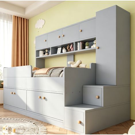 Kinder-Hochbett 90 x 200 cm mit Stauraum, Schrank, Regal, Treppe und LED, Grau (1/5)