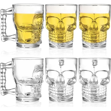 Lot de 6 chopes à bière en verre de 50 cl (17 oz) en forme de crâne, avec anse et fond épais. Verres transparents humoristiques pour whisky, vin ou jus de fruits. Idée cadeau parfaite pour la fête des