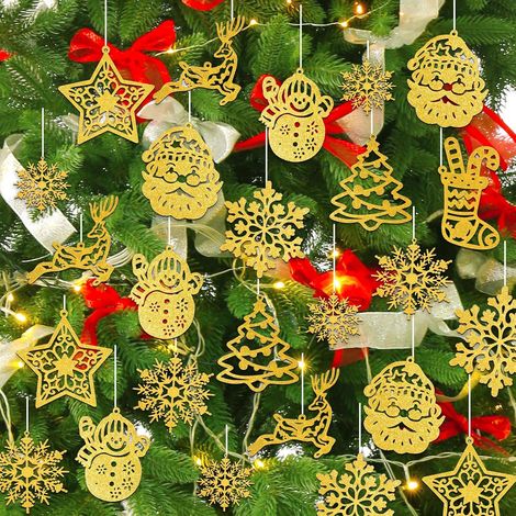 Set of 42 glittery gold cardboard Christmas tree ornaments for hanging, Christmas tree decorations for the winter holidays, indoor Christmas decorations (1/5)