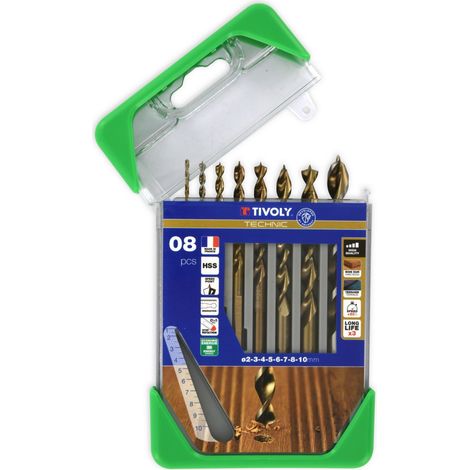 Tivoly • Box mit 8 abgestuften Technik-Holzbohrern mit Ø2-3-4-5-6-7-8-10 mm