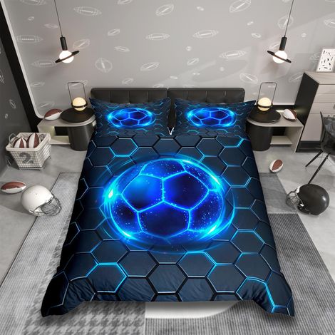 Parure de lit avec housse de couette de 135 x 200 cm, motif géométrique, motif nid d'abeille, thème de football, jeux de football, motif hexagonal, pour garçons (1/5)