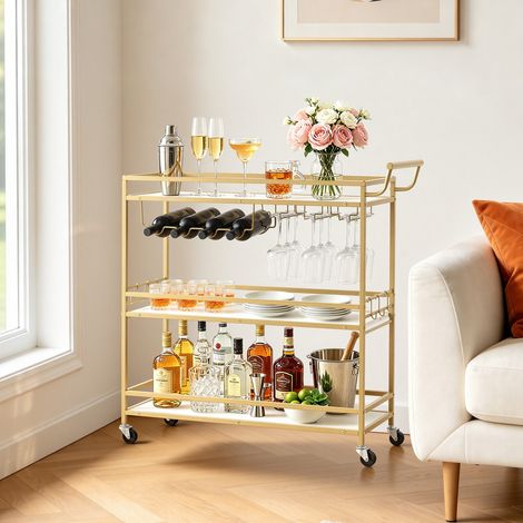 Desserte Bar Cuisine, Chariot de Service Polyvalent 3 Niveaux 91x33x93,5 cm, pour Rangement Vins Boissons, Bar Roulant Moderne avec Plateaux en Bois, Range-bouteilles et Porte-verres à Pied (1/5)