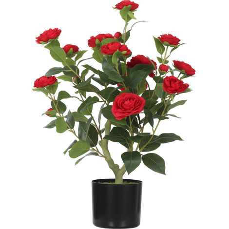 Camélia artificiel de 65 cm en pot, orné de fleurs en soie réalistes et de 116 feuilles à effet mousse rouge. (1/5)