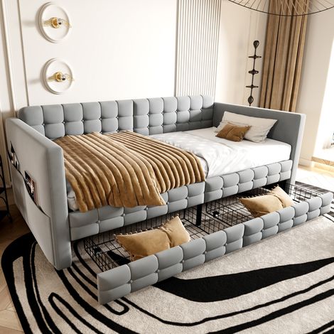 Lit banquette 90x190 cm rembourré avec 2 tiroirs, poches de rangement latérales, sommier à lattes, velours gris (1/5)