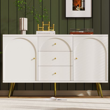 Cómoda 140x40x84 cm blanco crema en madera y metal con 2 puertas, 3 cajones y balda ajustable (1/5)