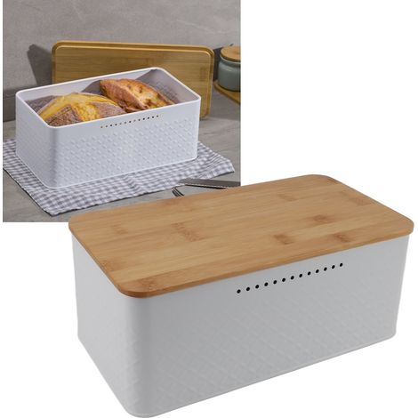 Quadratischer Brotkasten mit belüftetem Fach für Obst und Gemüse, Bambusdeckel, weißes Netzmuster (1/5)