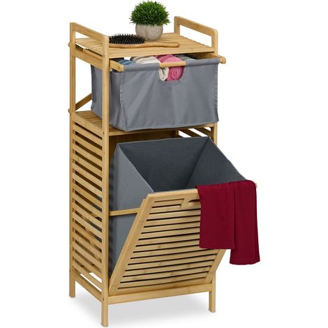 Relaxdays Wäschekorb, kippbarer Wäschesammler, 30 Liter, Ablage & Schublade, Bambus, Stoff, HBT: 95x40x33 cm, natur/grau