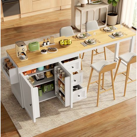 Îlot de cuisine extensible avec rangement, 116–179,5 cm, 3 tiroirs, roulettes, blanc OKMYHOME (1/5)