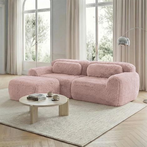 Canapé d'angle 2 places, tissu peluche doux, modulable et combinable à volonté, avec coussins. Mousse souple haute résilience, aucun montage requis, idéal pour les petits espaces, rose.