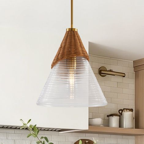 Parrot Uncle 35cm Gold Pendant Ceiling Light, Rattan and Ribbed Glass Pendant Lamp, E27 Hanging Ceiling Light for Living Room, Dining Room & Bedroom (Bulbs Not Included) (1/5)