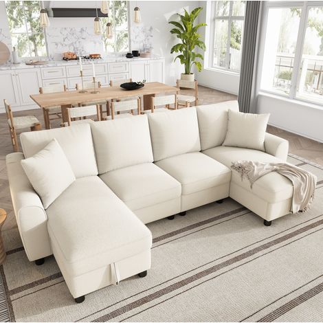 Divano a U 280x137x84 cm beige in chenille con contenitore e 2 cuscini (1/5)