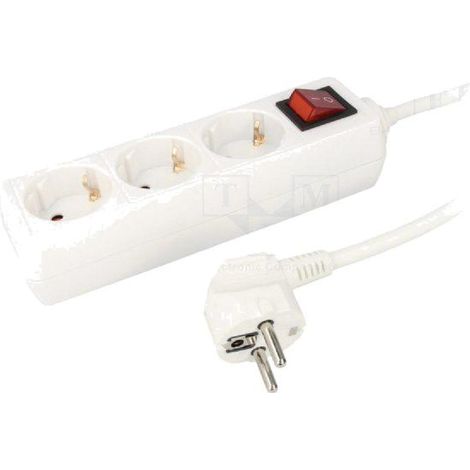 Multiprise blanche avec rallonge 1.4m - parafoudre - 3 prises 230VAC 10A et interrupteur