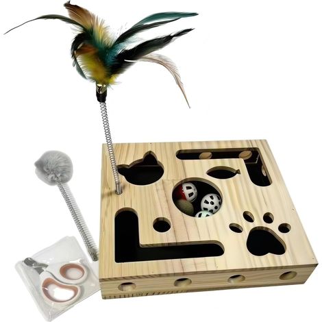 Cat Enrichment and Scratching Box, Solid Wood Claw File Box, Stress Free Alternative to Claw Cutters, with Sandpaper Inside, 2 Shaking Toys and 4 Balls (1/5)