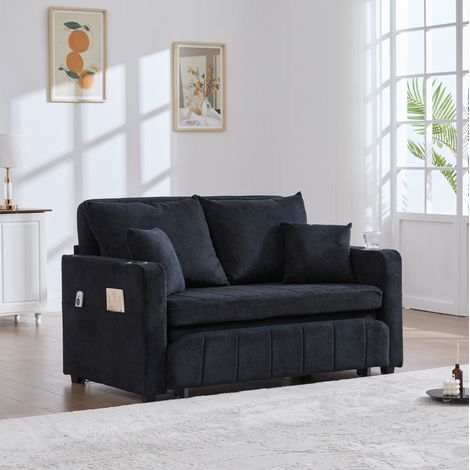 Divano letto pieghevole multifunzione in ciniglia nera con tasche laterali, portabicchieri e USB (1/5)