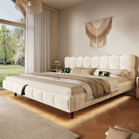 Lit coffre 2 places 140 x 200 cm en chenille beige, design nuage suspendu, ouverture hydraulique, LED multicolore, 3 ports USB et 1 port USB-C (1/5)