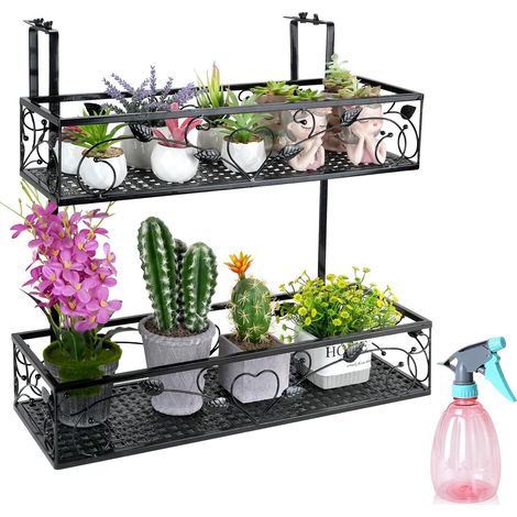 Support de plantation à 2 niveaux pour balcon, balustrade suspendue, panier de pot de fleurs, support réglable avec 1 flacon pulvérisateur en plastique pour balcon, terrasse, véranda, clôture, (1/5)