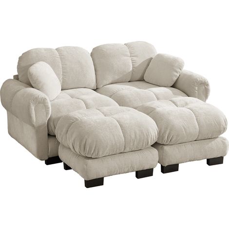 Canapé modulable 2 places en chenille avec ottomane mobile, design capitonné, tissu doux couleur kaki clair (1/5)
