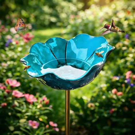 Vogeltränke – 14 x 14 x 65 cm – Hochwertiges Legierungsmaterial – Elegantes Blumendesign – Gartendekoration – Haustierbedarf – Blau (1/5)