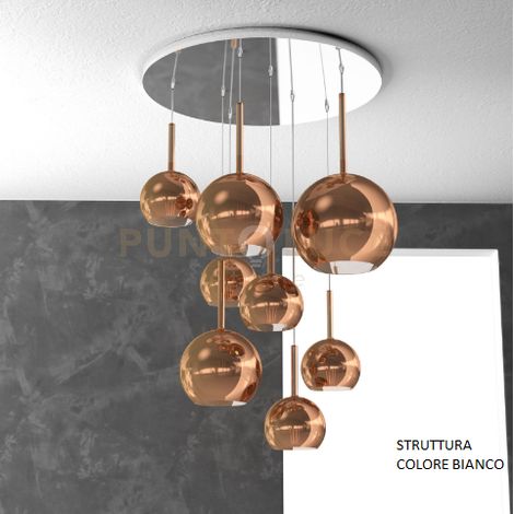 SOSP. BIANCO TONDA 8 LUCI VETRI (1 GRANDE+2 MEDIO +5 PICCOLO) TUTTI RAME 1155BI-S8 TMIX-RA