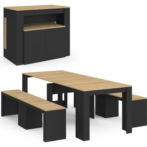 Ensemble table console avec bancs extensibles ORLANDO 10 personnes 235 cm bois noir et façon hêtre (1/5)