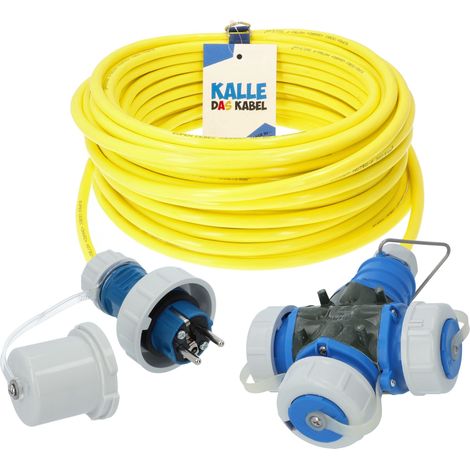 KALLE Verlängerungskabel Schuko 2,5mm² 3-Fach Kupplung Aquasafe IP67 Extreme Gelb 15 Meter