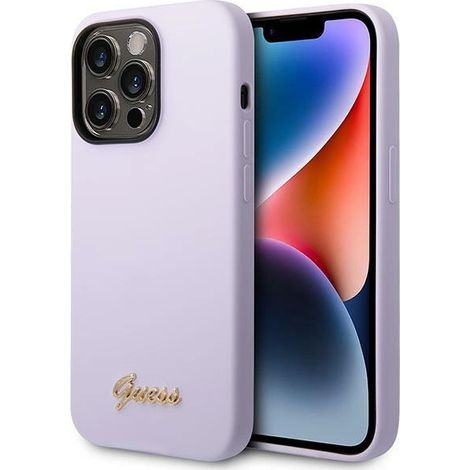 Funda rígida Guess GUHCP14XSLSMU para iPhone 14 Pro Max 6,7, color morado/morado, de silicona con logo dorado vintage. (1/5)