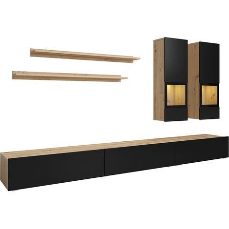 Mur TV 5 pièces avec LED Sloan Noir et Bois (1/5)