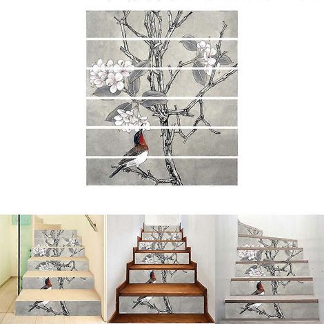 Lot de 6 stickers muraux imperméables pour sols et escaliers, motif oiseaux et fleurs, décoration murale pour salle de bain et cuisine. Papier peint adhésif artistique. (1/4)
