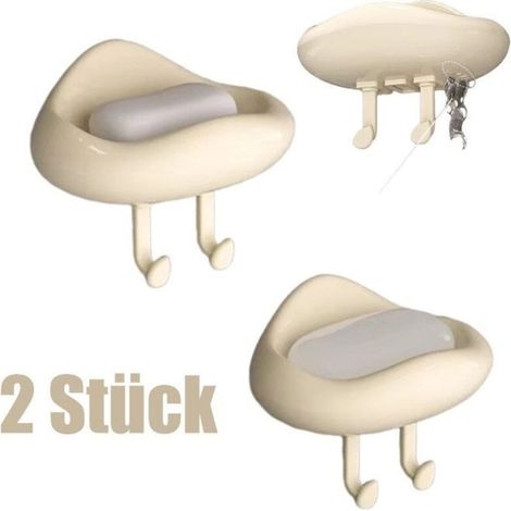 Seifenschale zur Wandmontage (ohne Bohren), mit Abflusslöchern und 2 Haken. Set mit 1 Seifenschale für Bad und Küche.