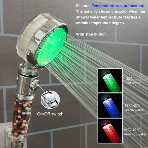 Pommeau de douche LED à 3/7 couleurs changeantes avec bouton d'arrêt d'hélice, pommeau de douche haute pression turbo et affichage de la température. (1/5)