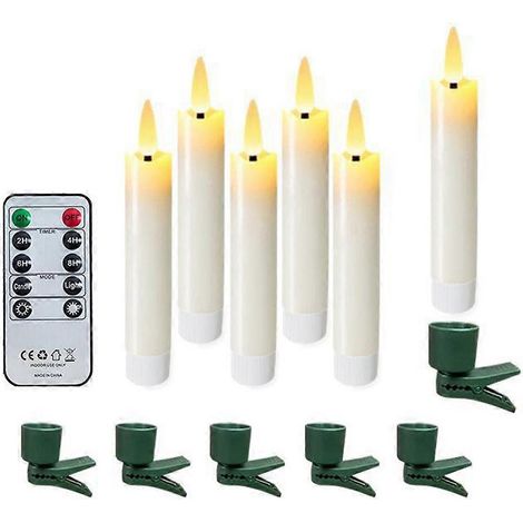 Set mit 6 flammenlosen, kegelförmigen LED-Kerzen mit 3D-Docht zum Anklemmen an den Weihnachtsbaum, mit Fernbedienung und Timer für die Innendekoration. (1/5)